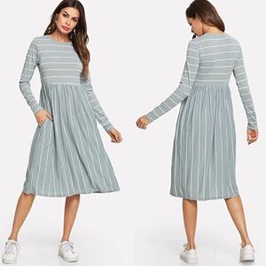 SHEIN Light Blue & White Striped Dress With Pockets Casual Sundress Size Medium